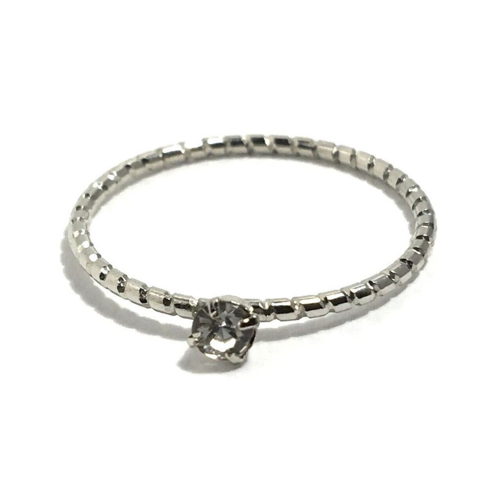 Vintage Ring Size 7.75 Silver Tone Thin Band Rhinestone 90s Stacking Ring